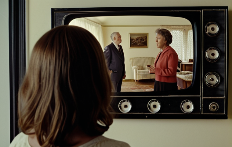 ** A person looking at an old family film, reflecting on past decisions and opportunities.
**
