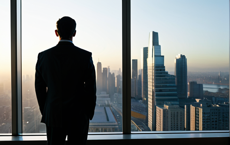 A professional individual, fully clothed in a modest business suit, stands thoughtfully by a large window overlooking a calm, contemporary city skyline at dawn. Their expression is serene and contemplative, reflecting on past experiences with wisdom and acceptance. The natural pose and correct proportions ensure perfect anatomy, with well-formed hands gently clasped. The lighting is soft and warm, casting long shadows, symbolizing introspection and clarity. The scene evokes a sense of inner peace and dignified reflection. safe for work, appropriate content, family-friendly, professional dress, high quality, professional photography, cinematic lighting.