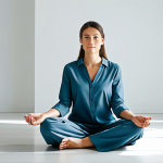 A serene woman, fully clothed in modest, professional-casual attire, sitting calmly in a brightly lit, modern minimalist studio space. She has a peaceful expression, engaging in quiet contemplation, embodying inner peace and self-reconciliation. The atmosphere is tranquil and inviting. Professional photography, high-resolution, soft natural lighting, natural colors, appropriate content, safe for work, fully clothed, professional dress, perfect anatomy, correct proportions, natural pose, well-formed hands, proper finger count, natural body proportions, family-friendly.