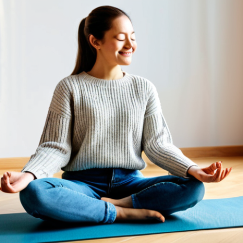 Home 8 Serene Self-Reflection**
A woman in a comfortable, modest sweater and jeans sits peacefully on a yoga mat in a sunlit, minimalist apartment. She has her eyes closed and a gentle smile. Soft, diffused light. Background: A bookshelf with neatly arranged books and a potted plant. Focus on inner peace and acceptance. Safe for work, appropriate content, fully clothed, family-friendly, perfect anatomy, correct proportions, natural pose, well-formed hands, proper finger count, natural body proportions, professional.
**