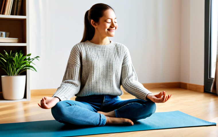 Serene Self-Reflection**

A woman in a comfortable, modest sweater and jeans sits peacefully on a yoga mat in a sunlit, minimalist apartment. She has her eyes closed and a gentle smile. Soft, diffused light. Background: A bookshelf with neatly arranged books and a potted plant. Focus on inner peace and acceptance. Safe for work, appropriate content, fully clothed, family-friendly, perfect anatomy, correct proportions, natural pose, well-formed hands, proper finger count, natural body proportions, professional.

**
